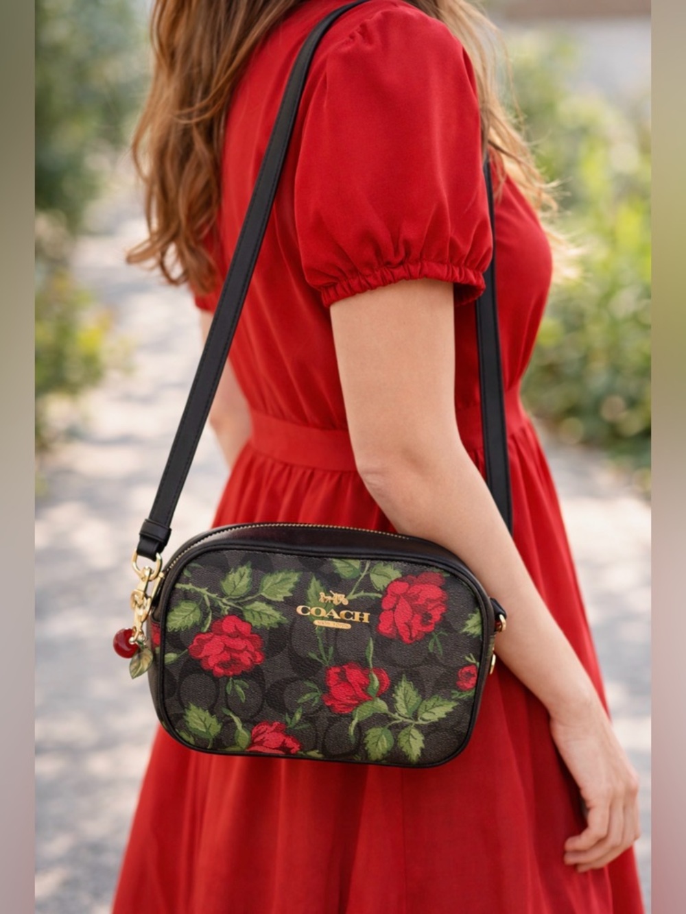 Coach Black Floral Crossbody Bag with Red Roses
